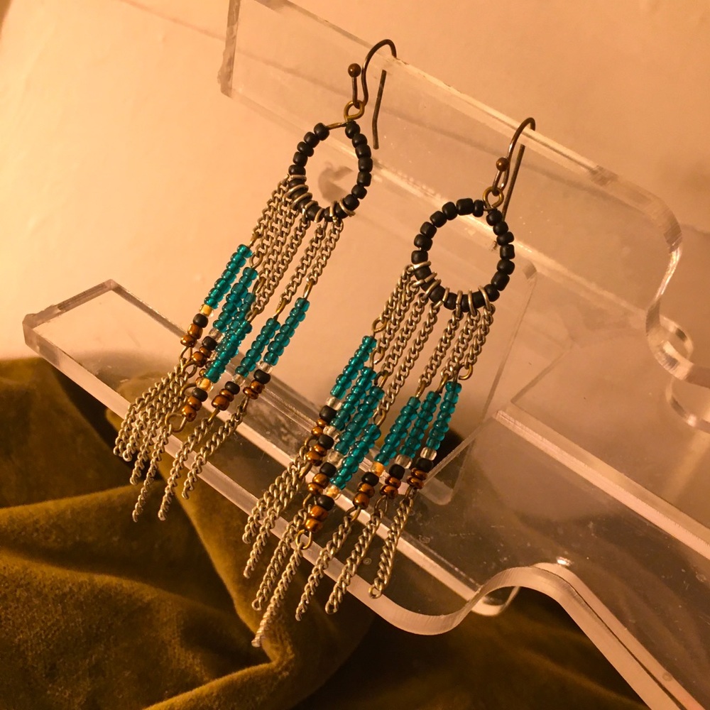 Vintage dangle beaded dainty silver tone chain link fringe earrings